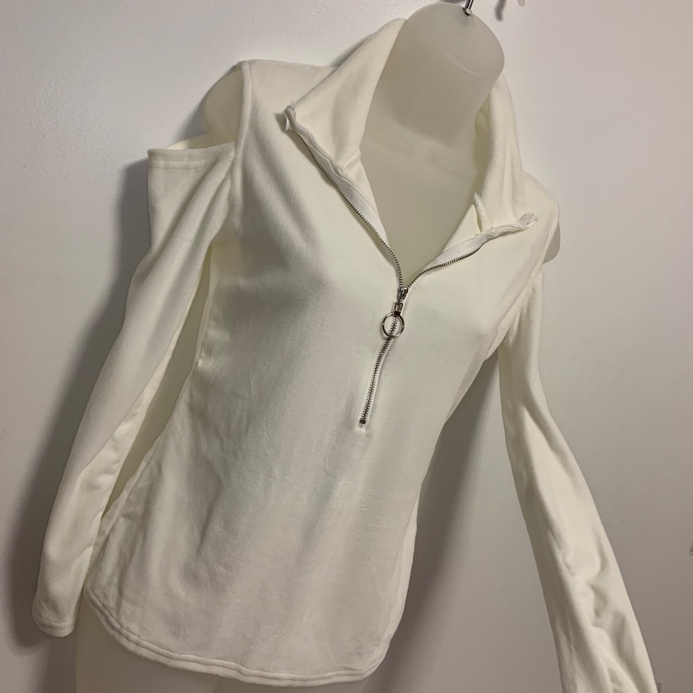 White Off-Shoulder High Collar Deep V Top